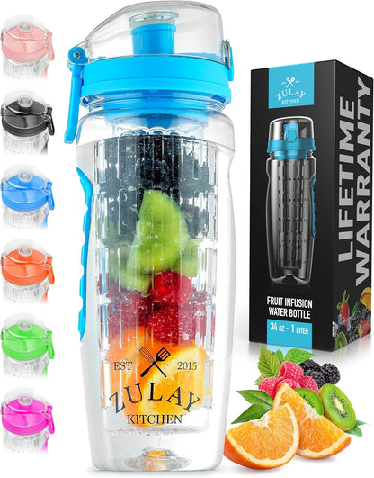 Zulay 34 Oz Large, Leakproof Fruit Infuser Water Bottle with Anti-Slip Grip - Men and Women'S Ideal Fitness Gift or for Gym, Camping, and Travel - Lake Blue