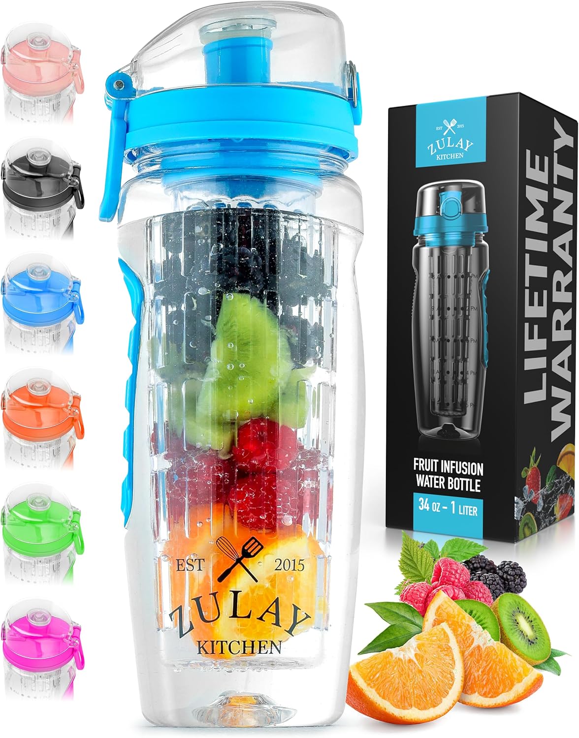 Zulay 34 Oz Large, Leakproof Fruit Infuser Water Bottle with Anti-Slip Grip - Men and Women'S Ideal Fitness Gift or for Gym, Camping, and Travel - Lake Blue